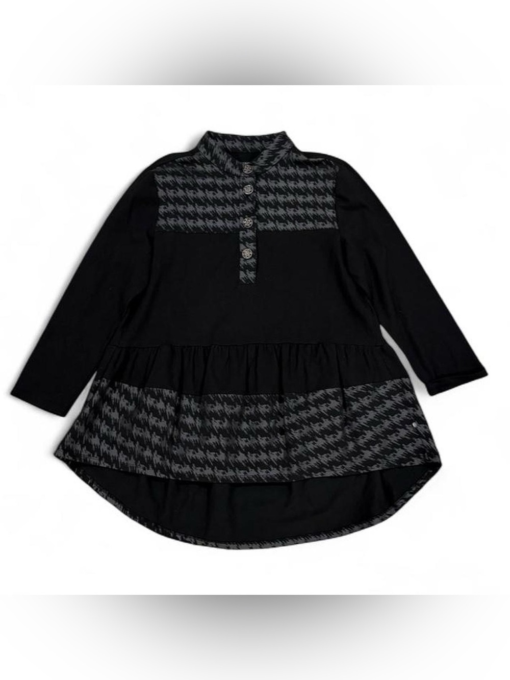 Neon Buddha black & gray houndstooth peplum shirt dress with crystal buttons